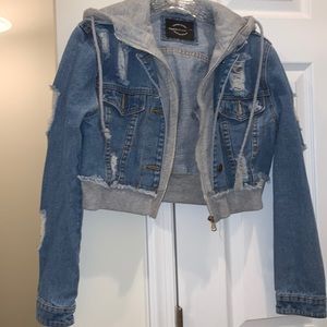 distressed cropped jean hoodie